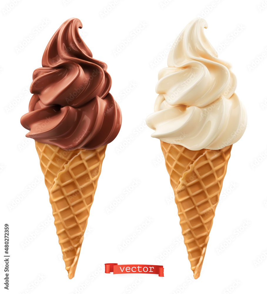 Soft serve ice cream in wafer style cone. Chocolate and vanilla 3d realistic vector icons