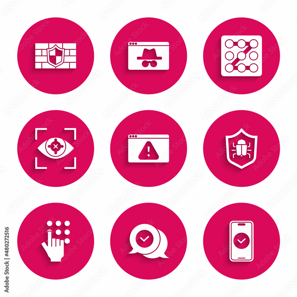 Set Browser with exclamation mark, Check in speech bubble, Smartphone, System bug, Password protection, Eye scan, Graphic password and Shield brick wall icon. Vector Set Browser with exclamation mark, Check in speech bubble, Smartphone, System bug, Password protection, Eye scan, Graphic password and Shield brick wall icon. Vector