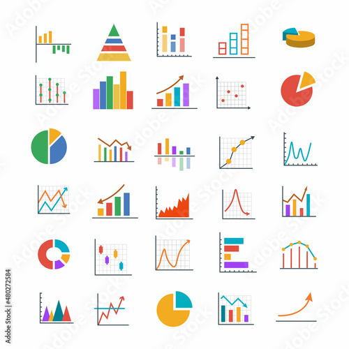 Colorful business graphs and charts icons. Financial chart. infographics icons. Isolated vector icon set
