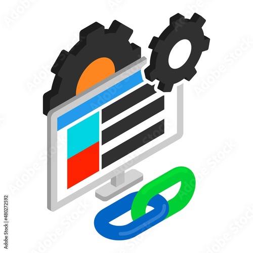 Link building icon isometric vector. Computer monitor, chain link and gear icon. Internet business development, backlink strategy, seo concept