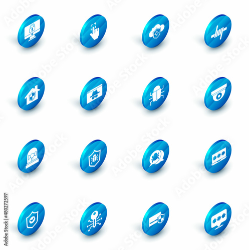 Set Fingerprint, Cloud and shield, Barbed wire, House under protection, Flasher siren, Browser incognito window, Security camera and System bug icon. Vector