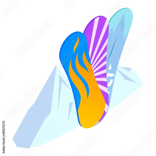 Snowboarding icon isometric vector. Snowboard board and snow covered mountain. Winter extreme sport, hobby, active recreation