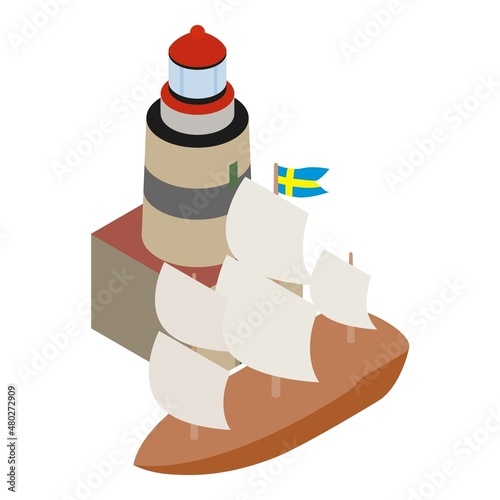 Sweden landmark icon isometric vector. Swedish ship and falsterbo lighthouse. Famous ancient reconstructed vasa ship, coastal lighthouse