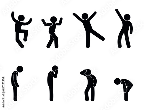 icon people cheerful and sad, various emotions are expressed by the pose of a person, stick figure man isolated silhouette