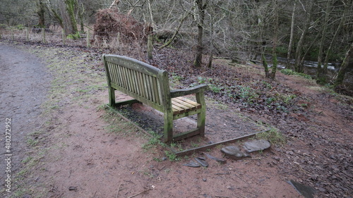 A single isolated wooden bench near the river