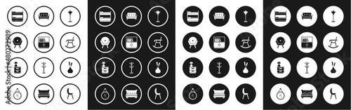 Set Floor lamp, Library bookshelf, Armchair, Bunk bed, Sofa, Vase and Furniture nightstand with icon. Vector