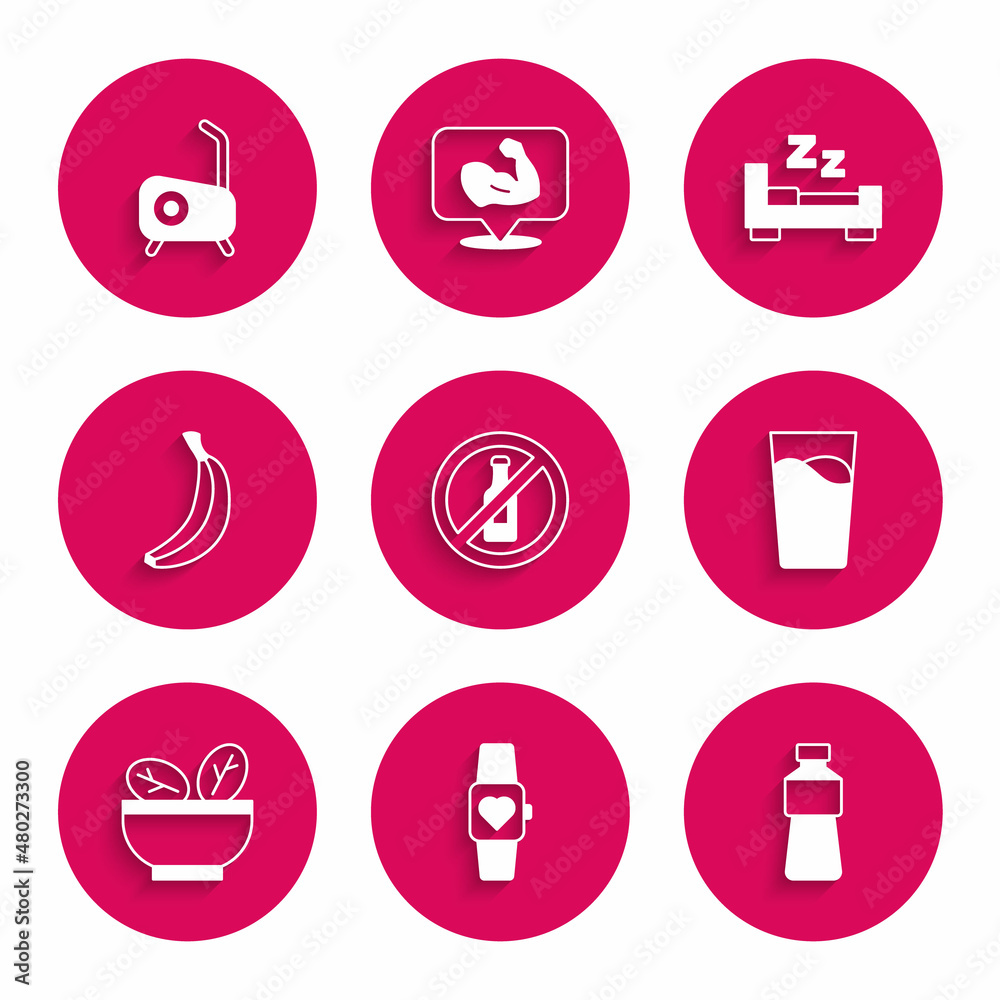 Set No alcohol, Smart watch, Bottle of water, Glass with, Salad in bowl, Banana, Time to sleep and Stationary bicycle icon. Vector Set No alcohol, Smart watch, Bottle of water, Glass with, Salad in bowl, Banana, Time to sleep and Stationary bicycle icon. Vector
