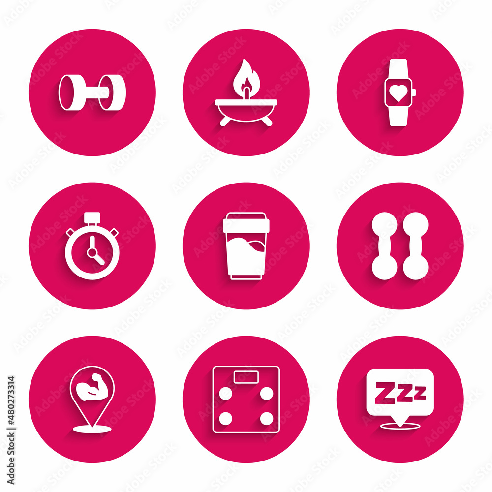 Set Glass with water, Bathroom scales, Sleepy, Dumbbell, Bodybuilder muscle, Stopwatch, Smart and icon. Vector