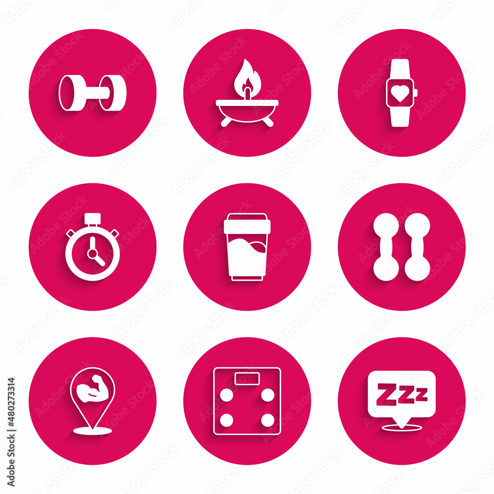 Set Glass with water, Bathroom scales, Sleepy, Dumbbell, Bodybuilder muscle, Stopwatch, Smart and icon. Vector Set Glass with water, Bathroom scales, Sleepy, Dumbbell, Bodybuilder muscle, Stopwatch, Smart and icon. Vector