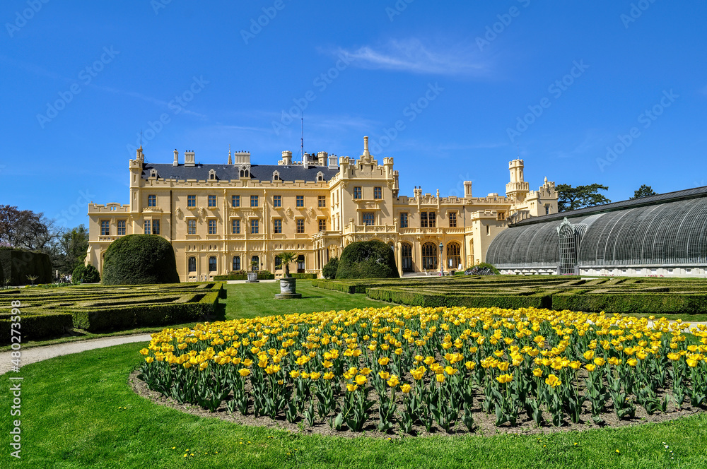 Lednice Castle in South Moravia in the Czech Republic. An important historical monument, the castle belonging to the Liechtensteins in the summer with a blue sky.