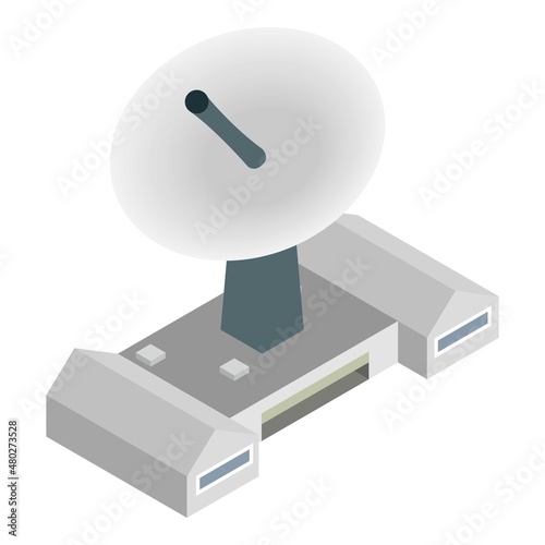 Telecommunication icon isometric vector. Big satellite antenna and building icon. Parabolic antenna, technical equipment, modern telecommunication technology