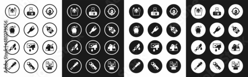 Set Headshot, Broken bottle as weapon, Hand grenade, Thief surrendering hands up, Whiskey, Grave with tombstone, Murder and Bloody knife icon. Vector