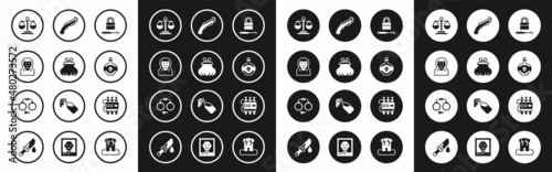 Set Lock picks for lock picking, Wallet, Thief mask, Scales of justice, Poison bottle, Police shotgun, Dynamite and timer clock and Handcuffs icon. Vector