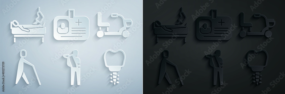 Set Human broken arm, Electric wheelchair, Blind human holding stick, Dental implant, Identification badge and Patient with leg icon. Vector Set Human broken arm, Electric wheelchair, Blind human holding stick, Dental implant, Identification badge and Patient with leg icon. Vector
