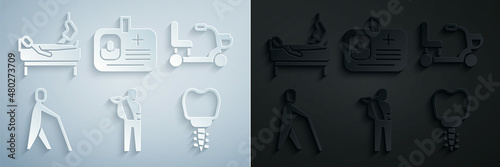 Set Human broken arm, Electric wheelchair, Blind human holding stick, Dental implant, Identification badge and Patient with leg icon. Vector