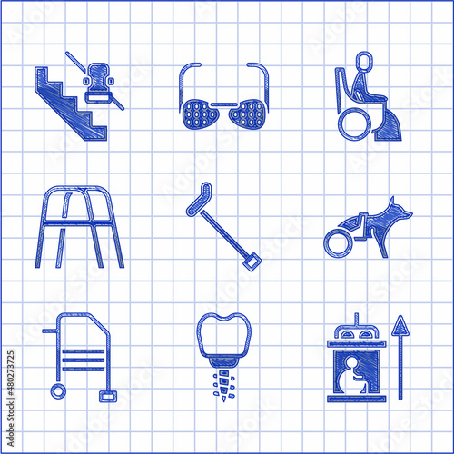 Set Walking stick cane, Dental implant, Elevator for disabled, Dog wheelchair, Walker, Woman and Disabled elevator icon. Vector