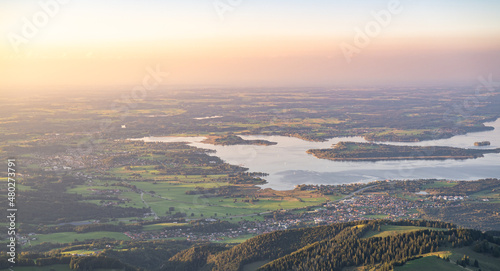 Leinwand Poster Idyllic sunset at Lake Chiemsee, Chiemgau, Bavaria, Germany, Europe
