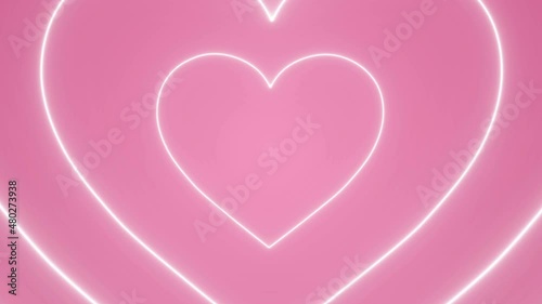 Seamlessly looping hypnotic neon heart shaped tunnel on pink background psychedelic 4K animation wallpaper background.
