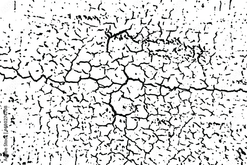 Grunge texture of a cracked surface. Monochrome background of a damaged wall with cracks, spots, noise and grain. Overlay template. Vector illustration