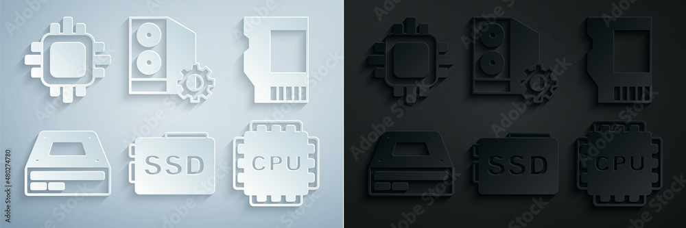 Set SSD card, Optical disc drive, Processor with CPU, Case of computer and icon. Vector Set SSD card, Optical disc drive, Processor with CPU, Case of computer and icon. Vector