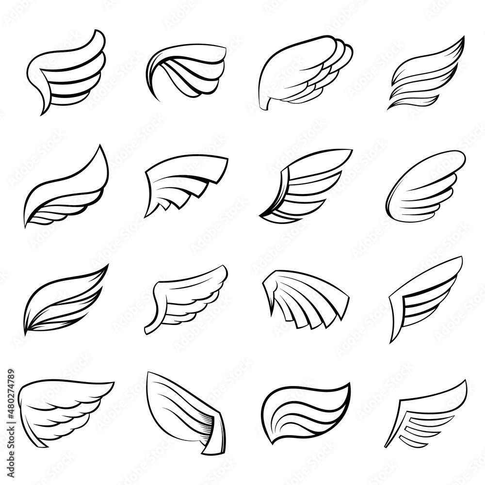 Wings icons set in outline style isolated on white background Stock ...