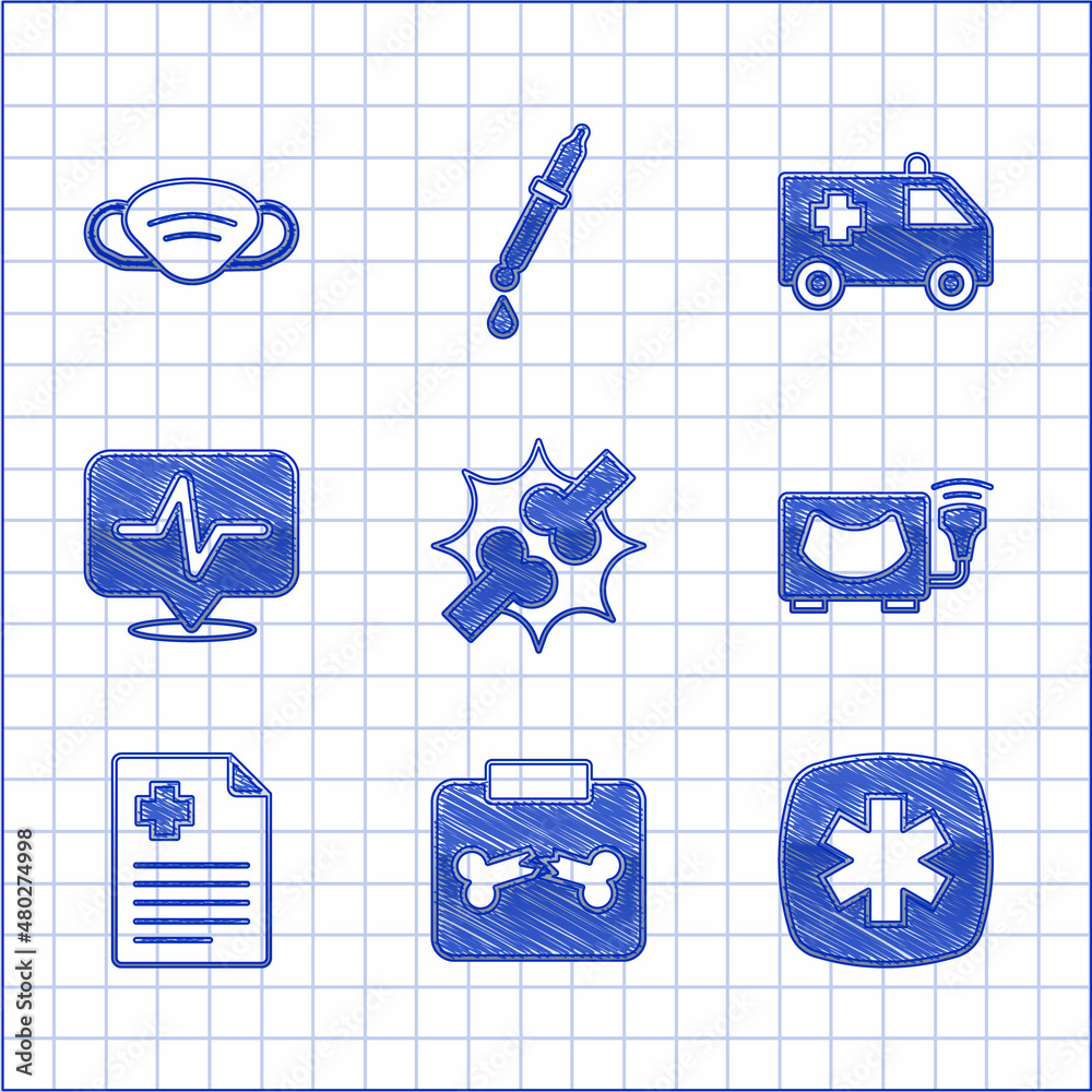 Set Joint pain, knee pain, X-ray shots with broken bone, Emergency Star of Life, Ultrasound, Patient record, Heart rate, Ambulance car and Medical protective mask icon. Vector Set Joint pain, knee pain, X-ray shots with broken bone, Emergency Star of Life, Ultrasound, Patient record, Heart rate, Ambulance car and Medical protective mask icon. Vector
