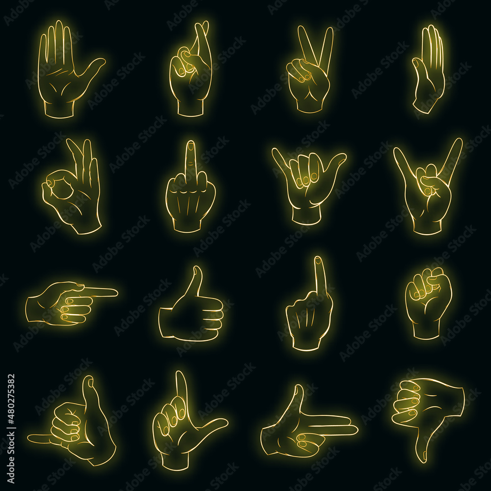 Hand set icons in neon style isolated on a black background