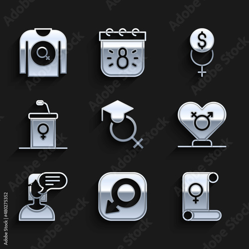 Set Teacher, Male gender, Feminism, Gender, Female opinion, Debate podium rostrum, finance and Feminist shirt icon. Vector