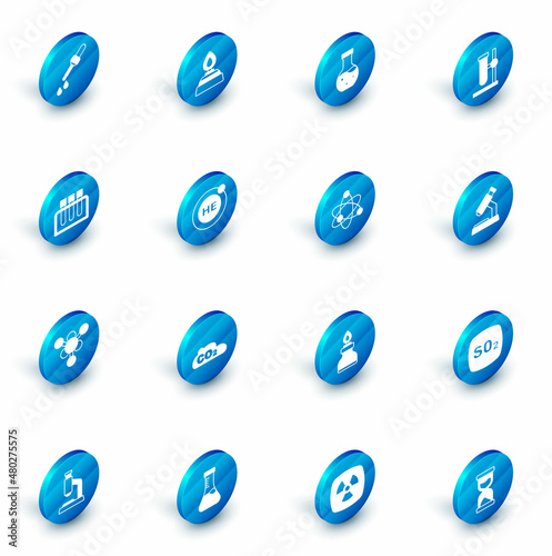 Set Alcohol or spirit burner, Test tube, flask on stand, Molecule, Helium, Microscope and Atom icon. Vector photo