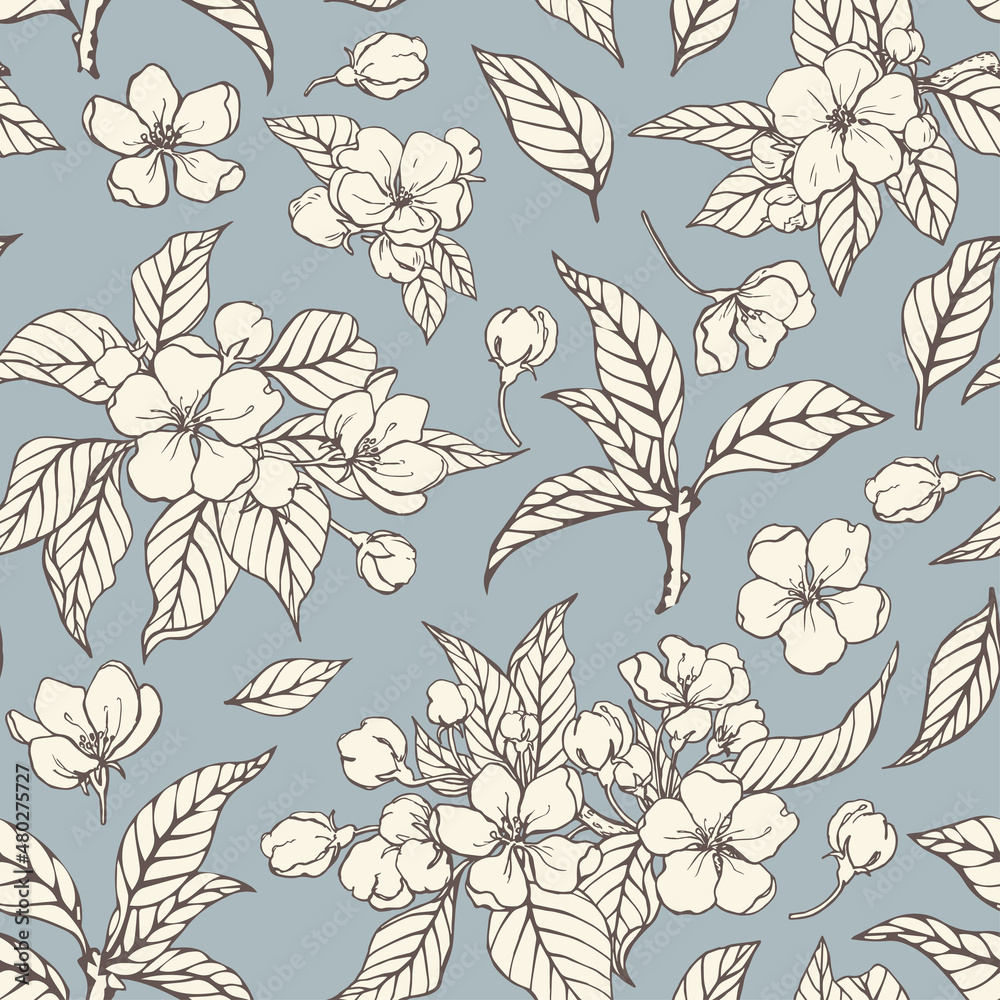 Vintage floral background Vector seamless pattern blooming branches beige flowers of apples on blue grey . Hand drawn elements illustration for design packaging textile wallpaper fabric