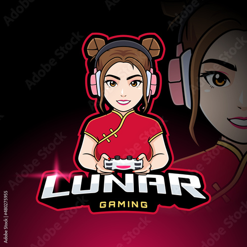 Lunar gamer girl esport logo template, Cute oriental character in traditional chinese red dress playing video games mascot logo