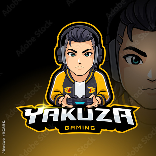 Yakuza fighter wearing sukajan jacket mascot character vector illustration for esport, badge, or streamer template logo design