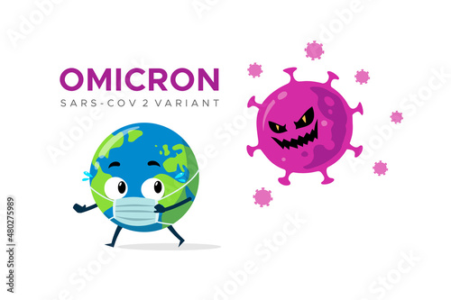Earth globe cartoon character wearing medical mask fleeing from SARS-COV 2 variant Omicron. Concept illustration to avoid coronavirus.