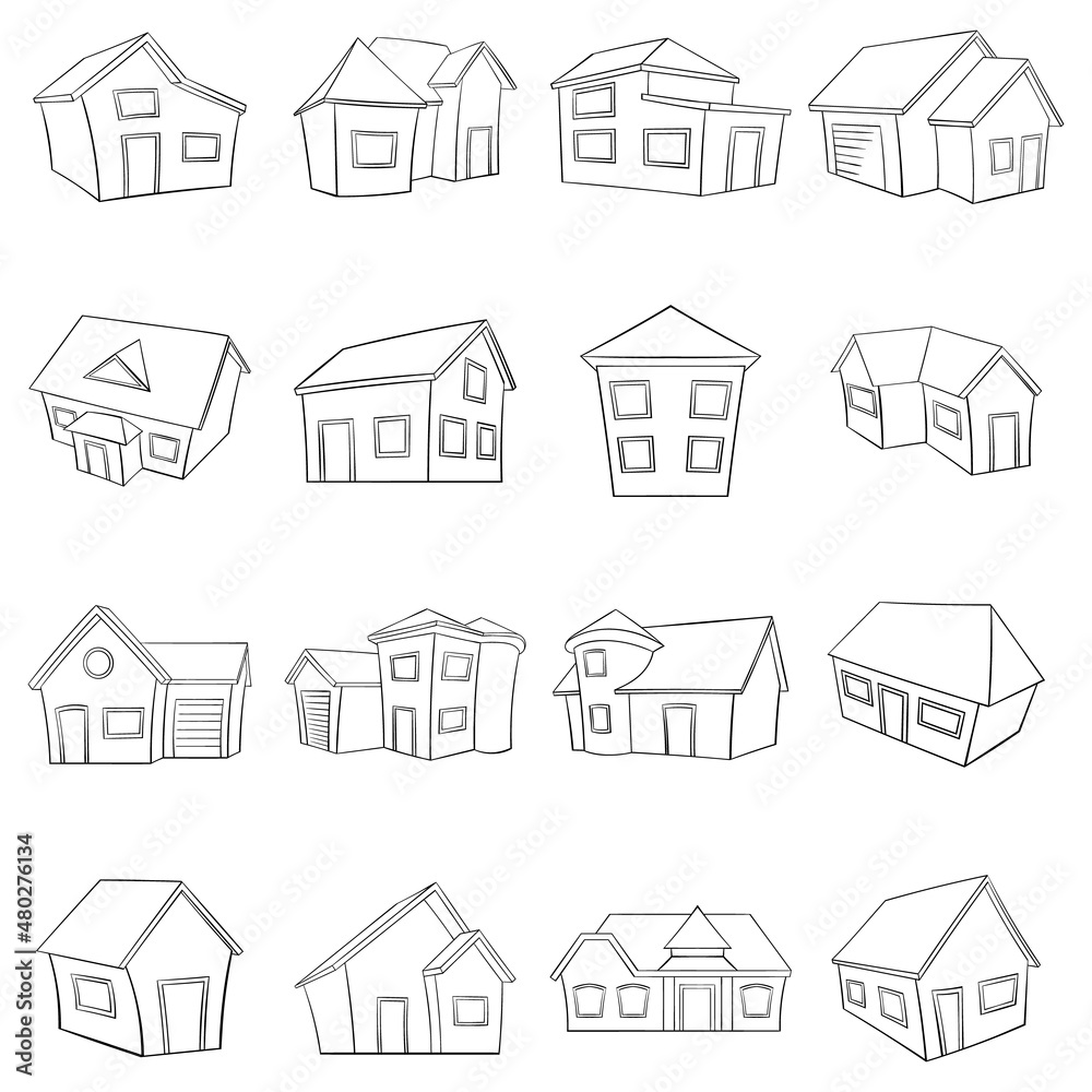 Town house cottage and assorted real estate building icons set in outline style isolated on white background