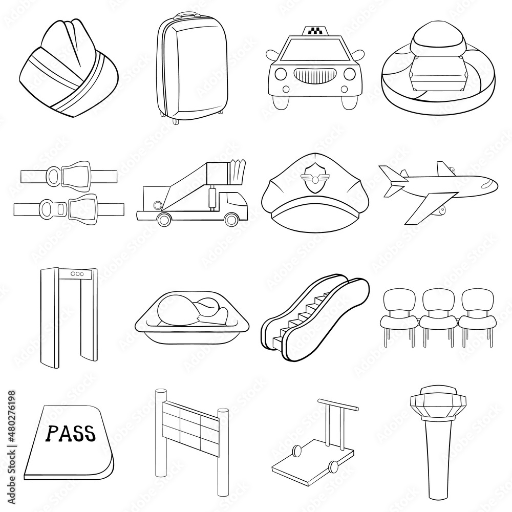 Airport icons set in outline style isolated on white background Airport icons set in outline style isolated on white background