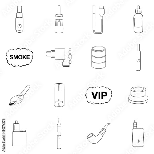 Electronic cigarettes icons set in outline style isolated on white background