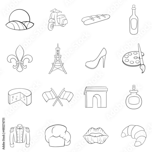 France icons set in outline style isolated on white background
