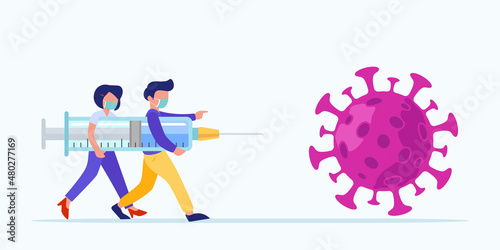 People together fight against COVID-19 with big vaccine syringe to prevent coronavirus outbreak, SARS-CoV-2 prevention campaign with copy space background vector illustration