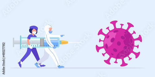 Professional medical worker together fight against COVID-19 with big vaccine syringe to prevent outbreak, coronavirus prevention campaign with copy space background vector illustration