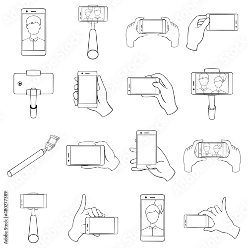 Selfie set icons in outline style isolated on white background