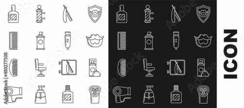 Set line Electrical hair clipper or shaver, Shaving gel foam, Mustache and beard, Straight razor, Hairbrush, Aftershave and icon. Vector