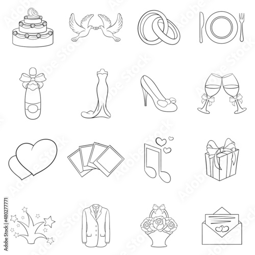 Wedding set icons in outline style isolated on white background