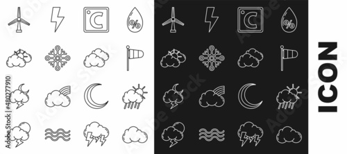 Set line Cloud, with rain and sun, Cone meteorology windsock wind vane, Celsius, Snowflake, Sun cloud weather, Wind turbine and icon. Vector