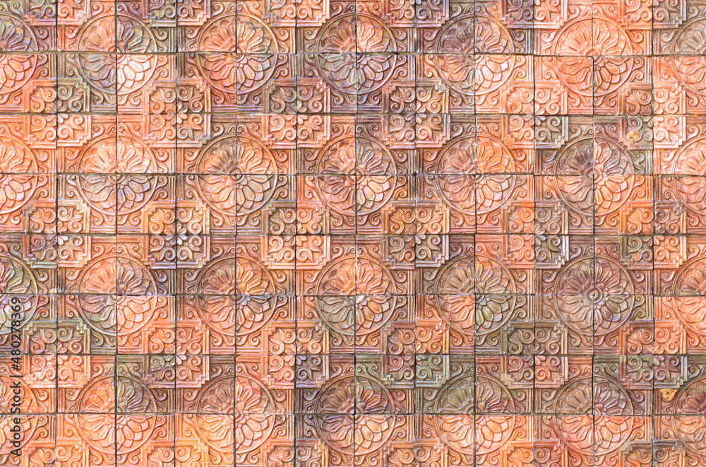 terracotta tile wall photo Flower pattern, tile wall texture background