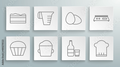 Set line Muffin, Measuring cup, Bakery bowl dough, Glass bottle with milk and glass, Chef hat, Chicken egg, Electronic scales and Brownie chocolate cake icon. Vector
