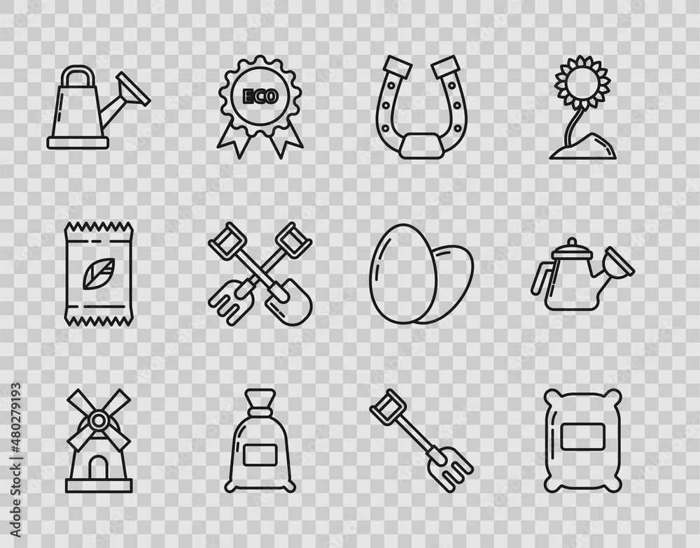 Set line Windmill, Bag of flour, Horseshoe, Watering can, Shovel and rake, Garden and icon. Vector Set line Windmill, Bag of flour, Horseshoe, Watering can, Shovel and rake, Garden and icon. Vector