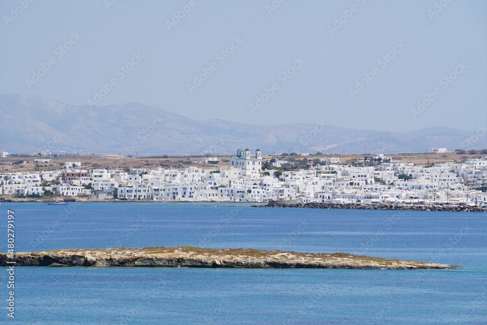 Town view with a church on Paros Island, Greece
