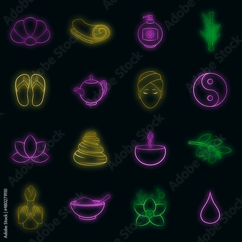 Spa icons set in neon style. Beauty and care elements set collection vector illustration