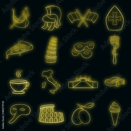 Italy icons set in neon style. Italy culture elements set collection vector illustration