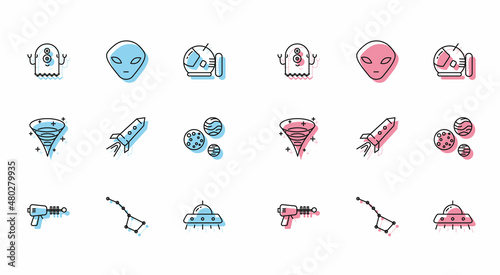 Set line Ray gun, Great Bear constellation, Alien, UFO flying spaceship, Rocket with fire, Planet, Black hole and icon. Vector